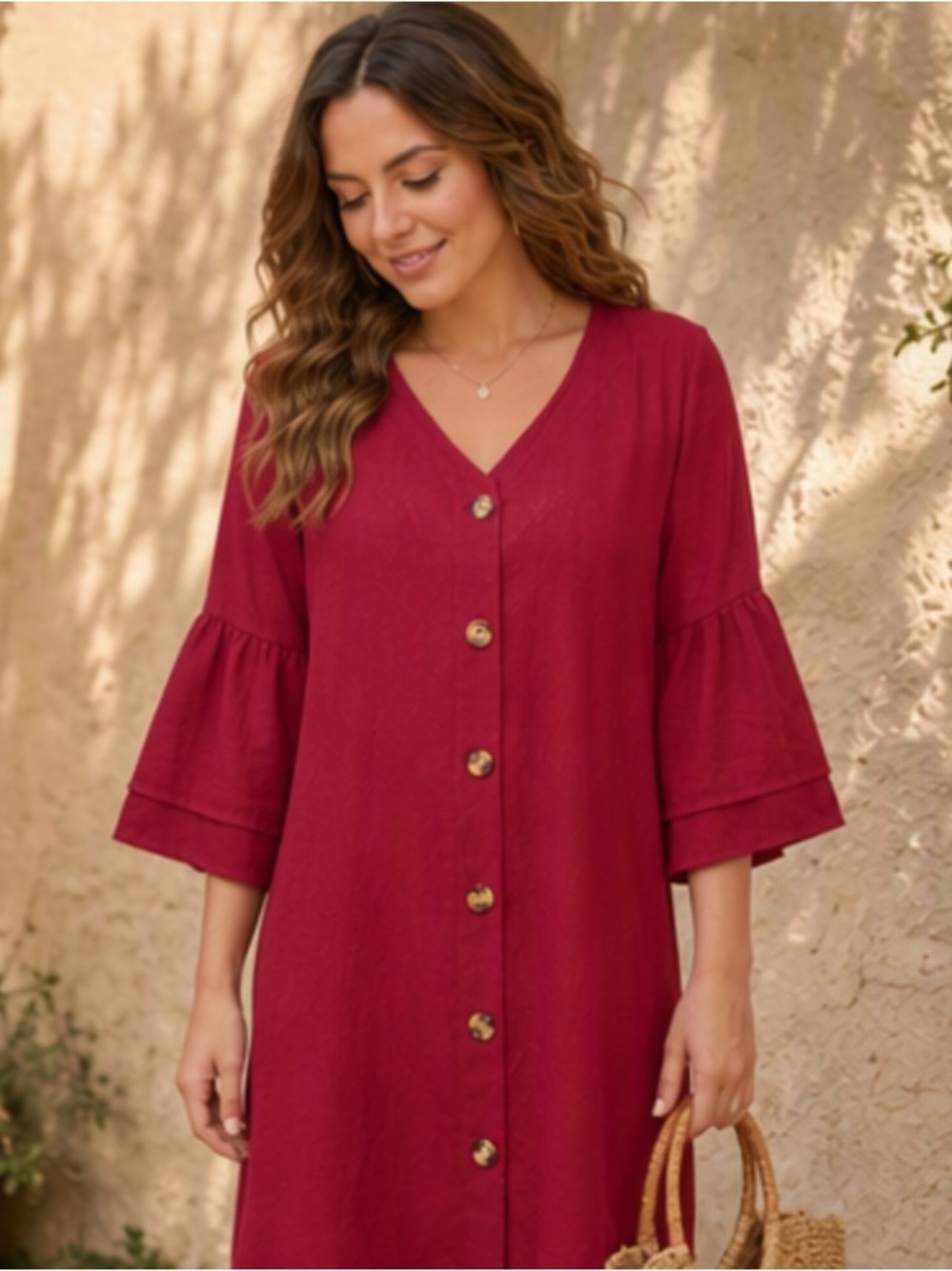 🌷 Burgundy Red Button-Front Ruffle Bell-Sleeve Blouse Dress 🌷
